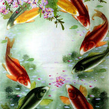Схема вышивки «Цветущая сакура и карпы Киа»
