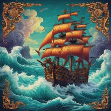 "...А он, мятежный, просит бури..." - крутые пенистые волны, живопись, корабль, ветер, шторм - оригинал
