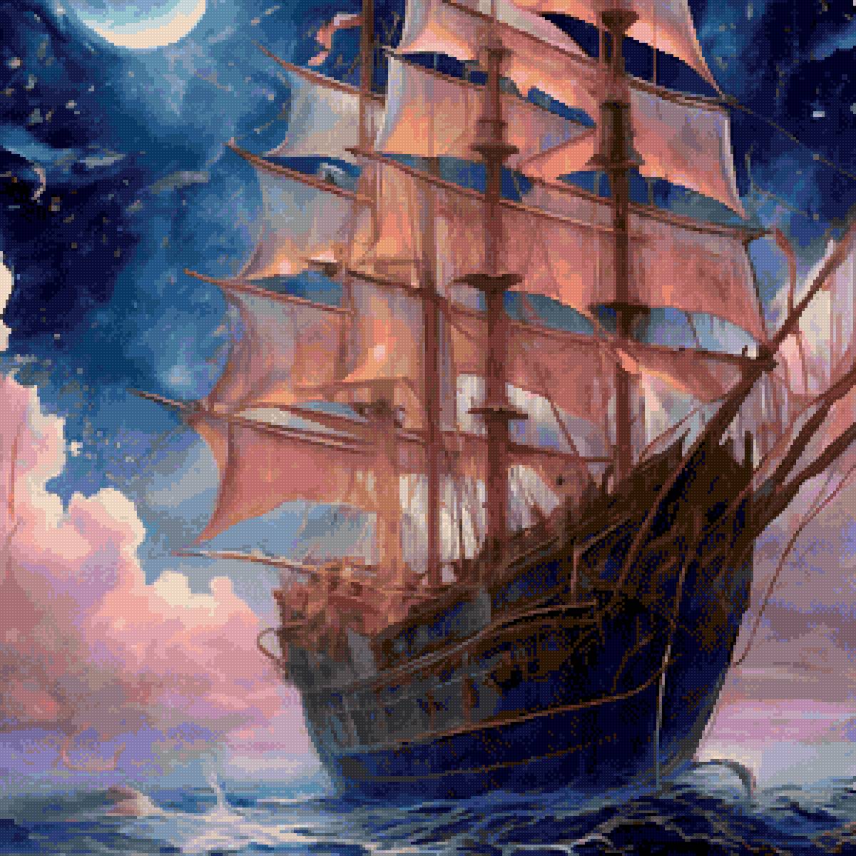 К дальним берегам... - корабль, паруса, луна. живопись, белые облака - предпросмотр