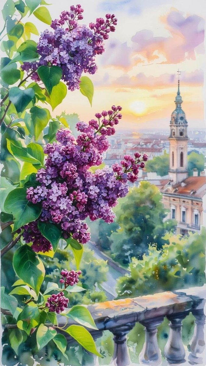 Сирень на рассвете - цветы, весна, городской пейзаж - оригинал