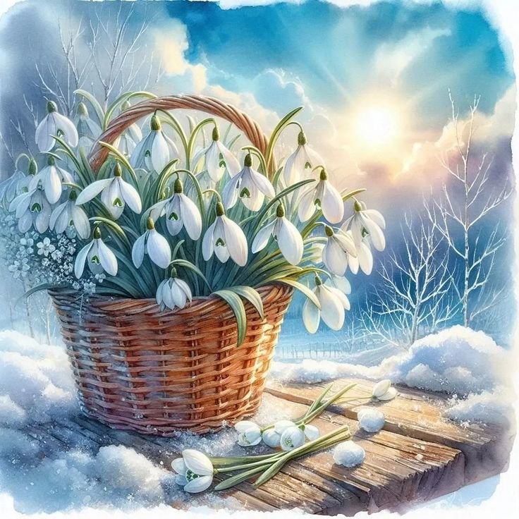 Корзина подснежников зимой - снег, цветы, зима - оригинал