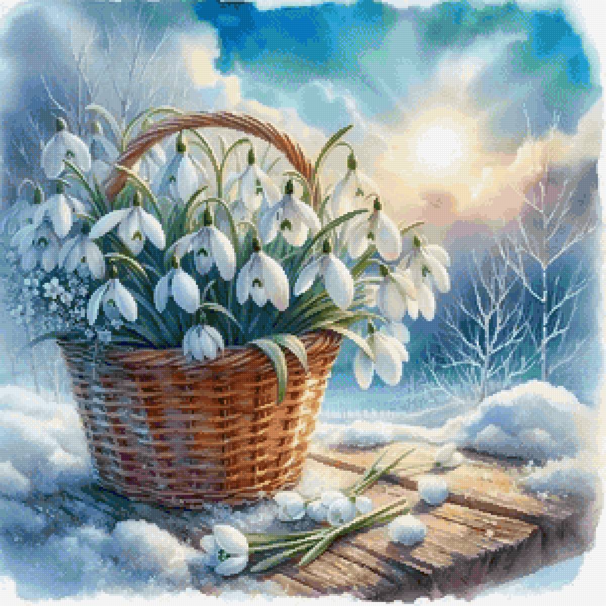 Корзина подснежников зимой - зима, снег, цветы - предпросмотр