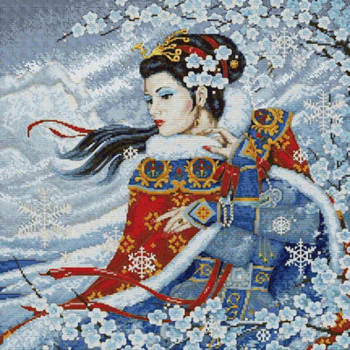 Девушка-Зима - нарядная красивая девушка, снежинки, белые цветы - предпросмотр