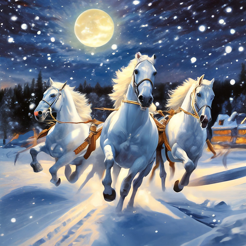 Птица-тройка - бег, луна, снег, белоснежные кони, ночь - оригинал