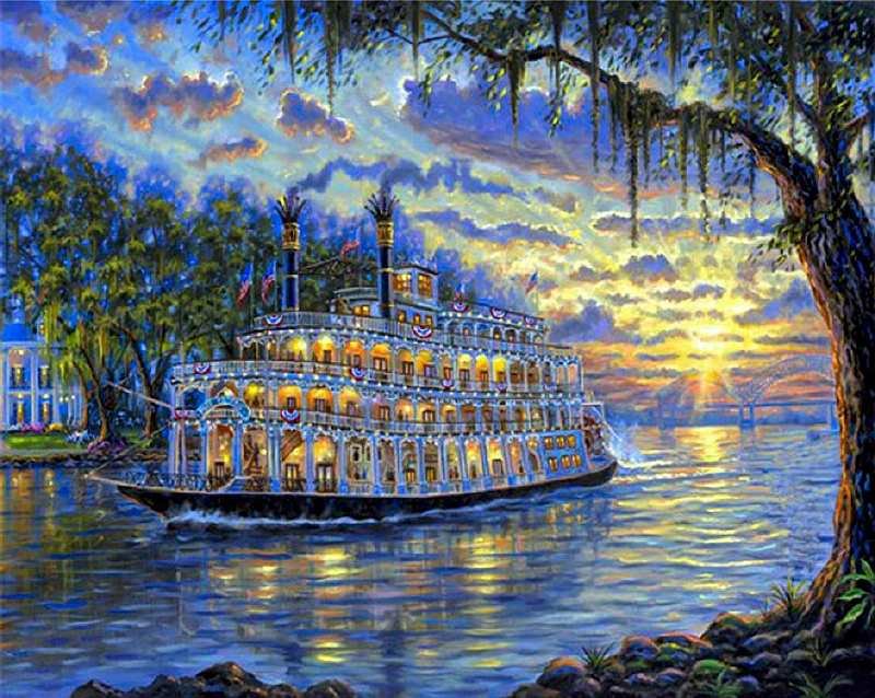 На пароходе музыка играет... - огни, отдых, барашки облаков, , белый пароход, река, закат - оригинал