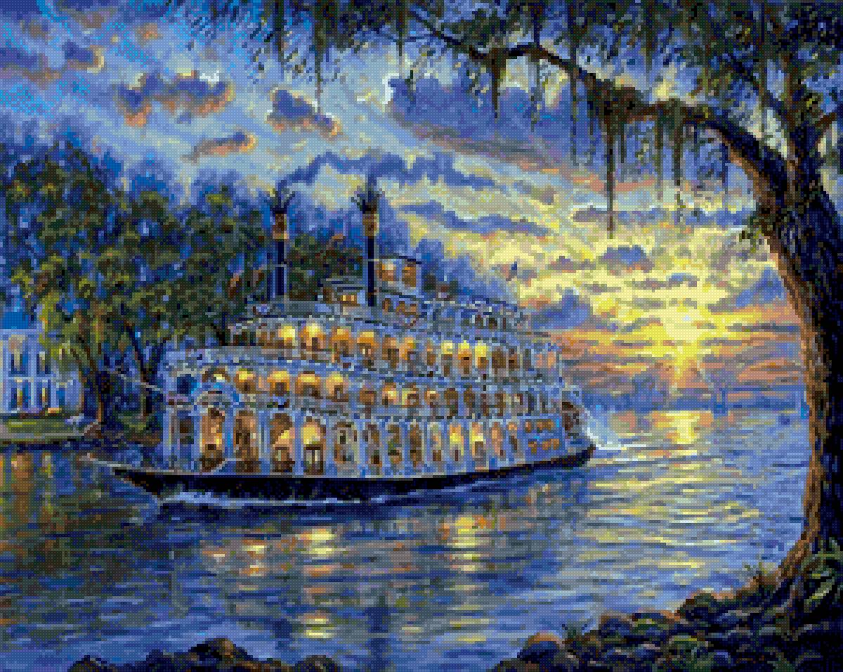 На пароходе музыка играет... - белый пароход, барашки облаков, огни, закат, отдых, река,  - предпросмотр
