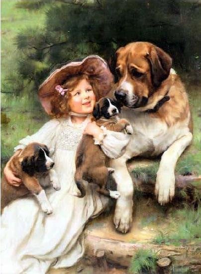 Этап процесса «Девочка с собаками. По картине Артура Элсли.»