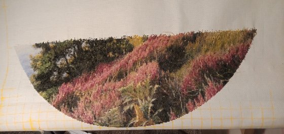 Этап процесса «ЭстЭ 299.1 Дания. Холмы и озера(фрагмент) 300х300, ДМС, Аида 16»