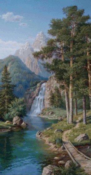 Этап процесса «Горный водопад в лесу»